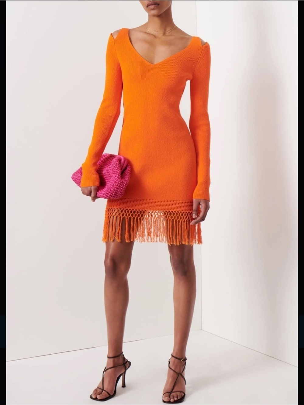 Derek Lam 10 Crosby Orange Fringe Cold Shoulder Knit Dress NWT Size L
